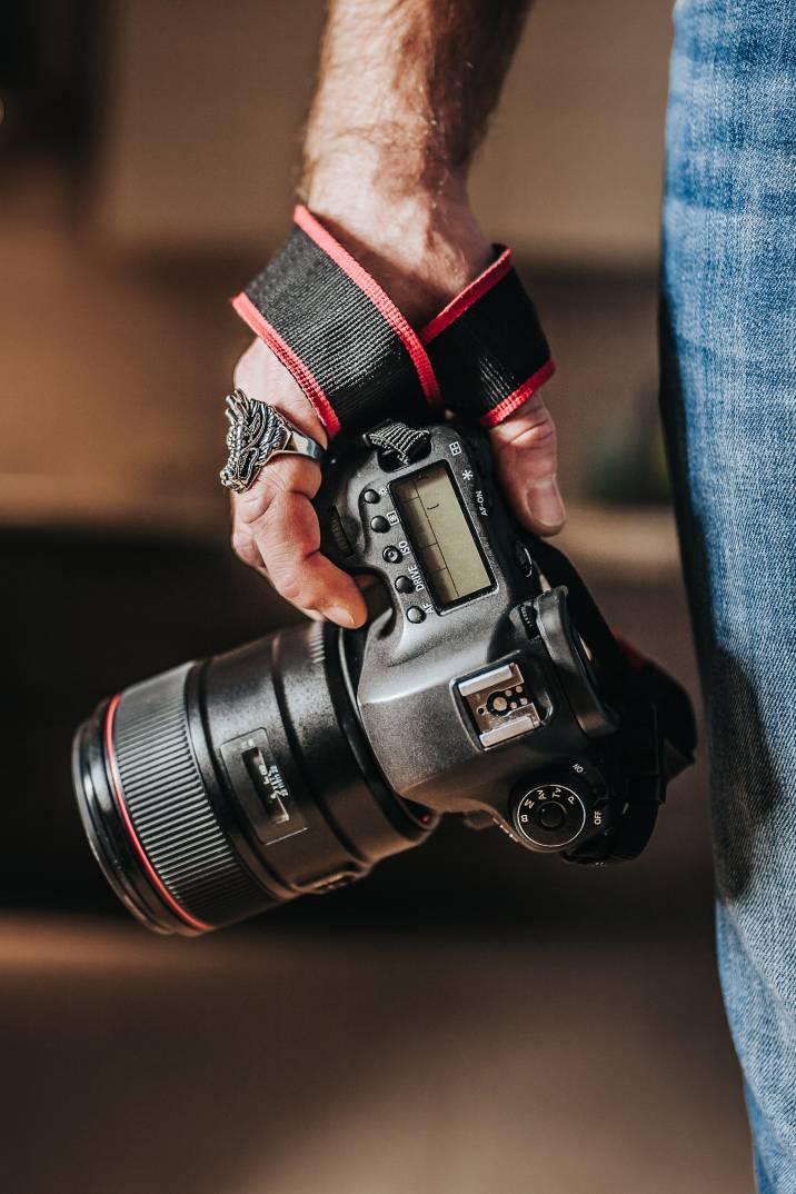 a close-up photo of a hand holding a big camera
